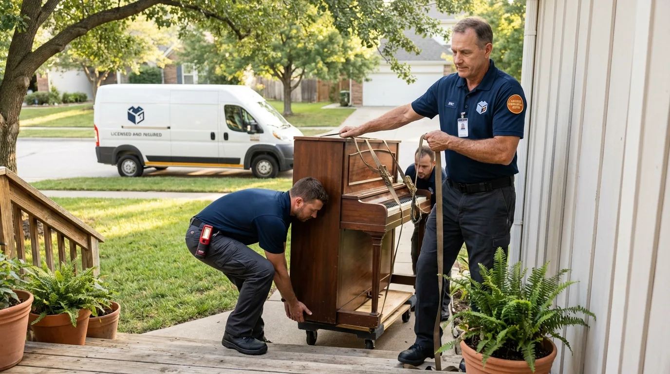 Licensed piano movers securing grand piano in Atlantic Highlands, NJ