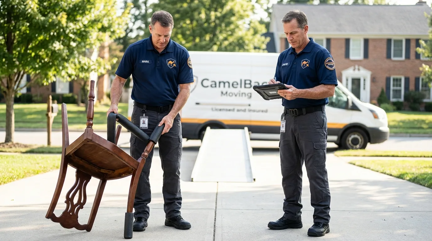 Movers inspecting furniture for damage prevention before loading in Atlantic Highlands, NJ