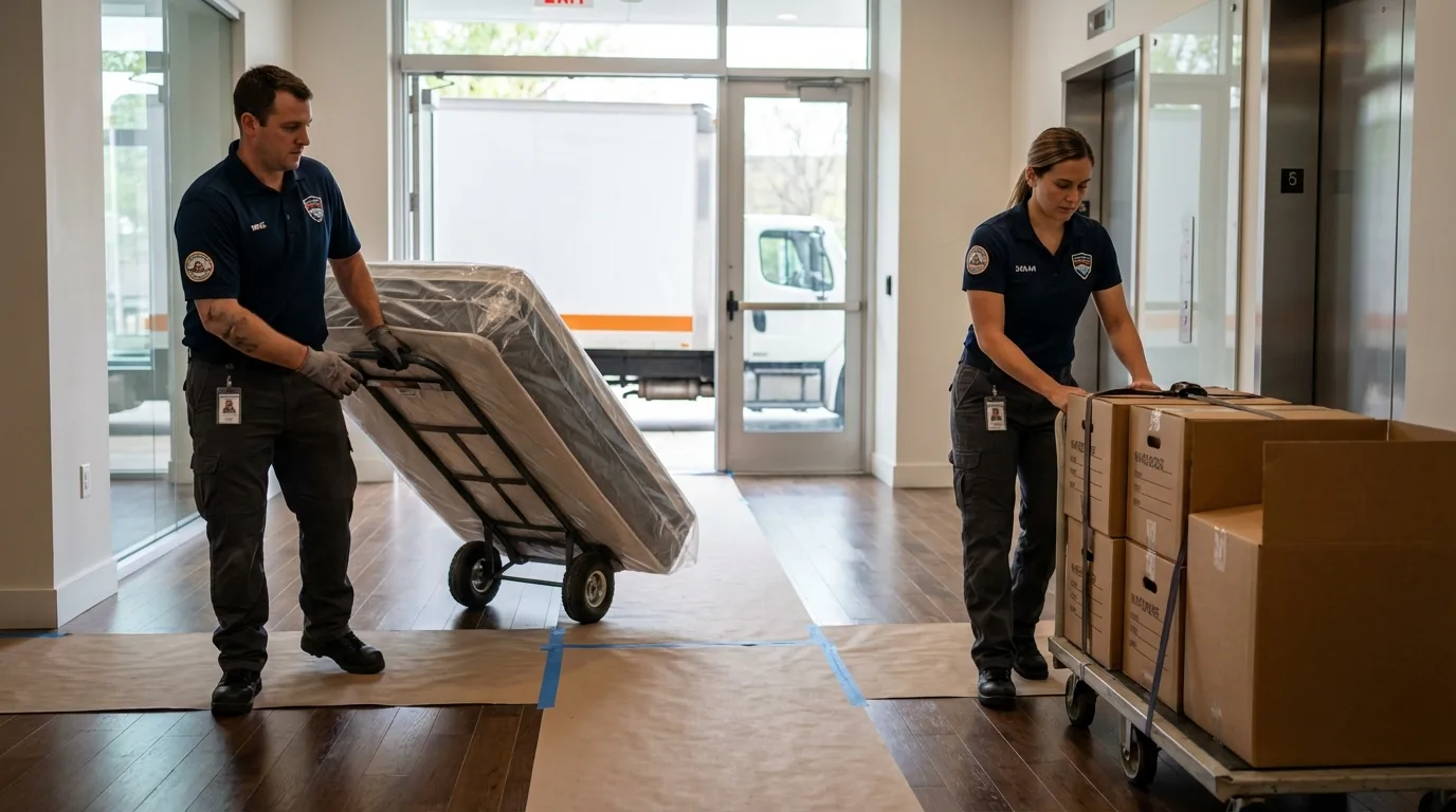 Professional apartment movers loading elevator in Atlantic Highlands, NJ