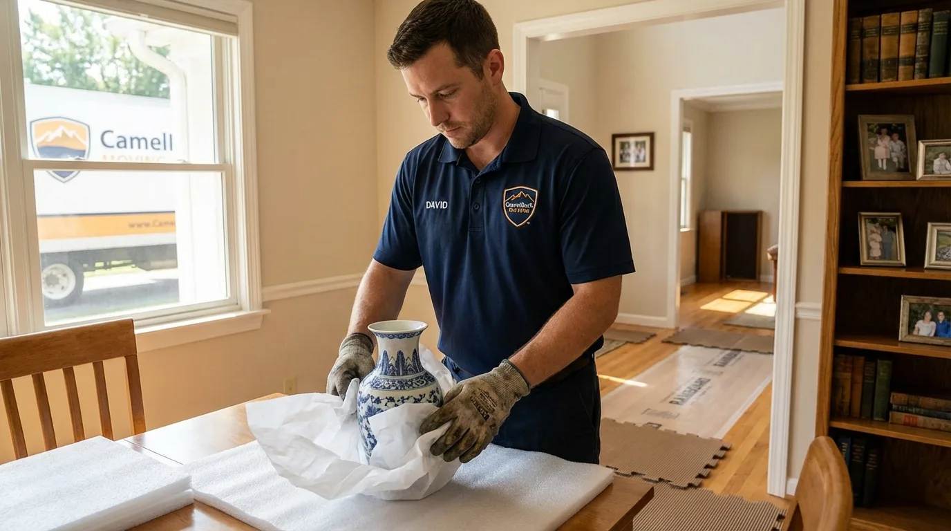Professional crew carefully wrapping antique vase for senior downsizing move in Atlantic Highlands, NJ